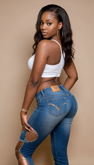 Extremely dark skinned African 20 year old very thick ghetto girl with thick legs, very wide hips, big tits and a big phat ass, wearing lowrise jeans, a tank top, large gold hoop earrings, with her thong strings showing, partial side view showing ass in tight jeans looking seductively into the camera