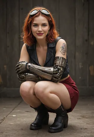 Cinematic view, 4k. A 25 year old woman. Full body. Mechanical arm. Clockwork arm. With a steampunk clockwork left arm. Pale skin. Bright red hair. Bright red lip stick. Slutty make-up. Come get me smile. Playful smile.

Full body render. Aviator goggles. Low squat. Mini skirt.