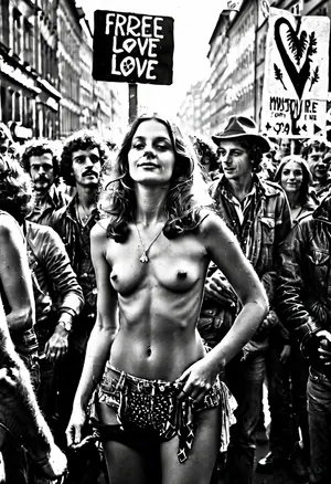 A symbolic image representing the right decisions in life, Berlin 1970, happy demonstration on street, (Monochrome image:1.4), 22 years old woman, spontaneous, (standing sex:1), during the demonstration, many people, (demonstration signs for "free love":1.6), free mind, sexual revolution, (groupsex:1.2), (orgy:1.4), best quality, ultra-detailed, cinematic lighting, smoking weed, cannabis, Ultra-realistic porn art, highly detailed, cinematic moody lighting, tense but charismatic atmosphere, crowd, of, people, <lora:MJ52:.5>, <lora:RsmJemma1XL:.8>, <lora:add-detail-xl:.8>