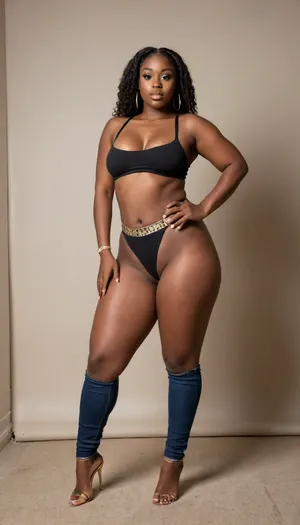 Extremely dark skinned African 20 year old extra thick body ghetto girl with very thick legs, very wide hips, big tits and a huge phat ass, wearing ultra lowrise jeans, a tube top, large gold hoop earrings, ((thong straps showing above pants)), partial side view looking seductively into the camera, NEGATIVE_HANDS