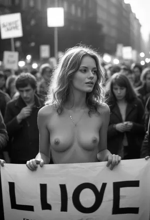 A symbolic image representing the right decisions in life, Berlin 1970, happy demonstration on street, (Monochrome image:1.4), 22 years old woman, spontaneous, (standing sex:1), during the demonstration, many people, (demonstration signs for "free love":1.6), free mind, sexual revolution, (groupsex:1.2), (orgy:1.4), best quality, ultra-detailed, cinematic lighting, smoking weed, cannabis, Ultra-realistic porn art, highly detailed, cinematic moody lighting, tense but charismatic atmosphere, crowd, of, people, <lora:MJ52:.5>, <lora:RsmJemma1XL:.8>