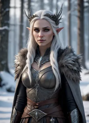 A cinematic portrait of a Dunmer, (dark elf), woman standing in the frozen wilderness of Skyrim. Her skin is ash-gray, eyes completely black and glowing faintly with inner fire. Long ashen-white hair flows in the cold northern wind, adorned with a wreath of thistle and frost-touched leaves. She wears light leather armor with fur details and ancient elven engravings, both practical and elegant. Two curved daggers hang from her belt — one on each side — their blades reflecting the pale light of a distant aurora. Snow drifts around her as she stands among jagged rocks and skeletal trees, her expression calm but deadly. The camera slowly circles her, highlighting her otherworldly beauty and silent strength. Cold cinematic lighting, high realism, Nordic fantasy atmosphere, inspired by The Elder Scrolls, Skyrim, 4K epic detail, wind-blown hair and drifting snow particles.