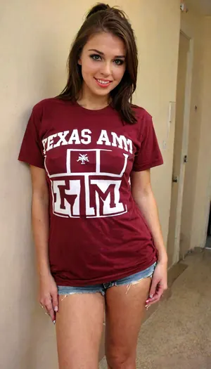 (Character), busty pretty 20-year-old coed, (Subject), Solo, (Makeup), light makeup, (Appearance), very pretty, eyes looking straight at us, pale skin flushed with pink skin, cute face, clear skin, close up, big luminous hazel eyes, long eyelashes, full moist lips, short and straight black hair with tan highlights tied in a ponytail, (Frame), Front-straight angle view, medium show, head is in frame, lower thighs are out of the frame, (Attire), (wearing a maroon Texas A&M t-shirt and nothing else:1.9), (breasts covered, bush exposed:1.8), (Body), short, 5 foot two inches tall, wide hips, huge natural 34G breasts with some sag, extremely wide areolae and big puffy nipples hidden be her shirt, very hairy bush, (Expression), looking directly at the viewer with a wide flirtatious smile., (Background), hallway in a college dorm, (Skin Show), shirt covers breasts and nipples, hairy bush exposed, (Quality), Detailed masterpiece, 8K, high definition, perfectly lit., but, clothes, braless, Wearing, that, make, sense, with, Braless>, <lora:MJ52:2>, <lora:add-detail-xl:2>, <lora:BUT_SDXL_SHS:.3>, <lora:bralessSDXL_v1_00022:1.5>, h41ry, <lora:h41ry:.8>