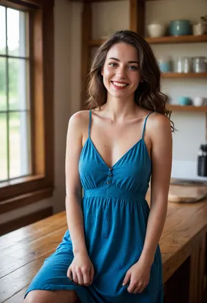 A carefree woman with light freckles and hazel eyes, her long dark brunette hair with red highlights cascading over her shoulders, wears a loose bright blue sundress, one breast exposed, leaning on a rustic wooden counter. She has a slightly open mouth with light red lipstick, a warm, happy smile. The scene is bathed in soft, warm golden hour light, with a subtle film grain and a slight vignette. The lighting is a mix of natural sunlight filtering through a nearby window and a warm, soft overhead lamp, creating a cozy, inviting atmosphere. aidmaRealisticPeoplePhotograph