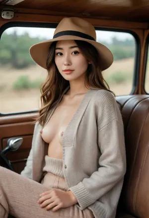 A cinematic portrait of a charming Japanese woman sitting in the driver's seat of a vintage truck, long wavy brown hair, wide-brimmed hat, a textured gray sweater, (breast cutout clothing:1.2), (nude), (pretty face:1.7), (perfect nose:1.7), muscular body, thin waist, bottomless, <lora:Midjourney Image Enhancer XL v1:.8>, <lora:2BoutOvalSDXL2-000002:1.5>