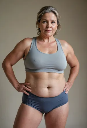 a chubby 50yo mature woman with stretch marks in a sport outfit, looking at viewer, <lora:stretch_marks:1>