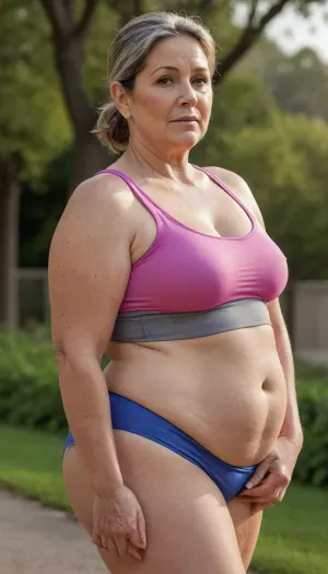 a chubby 50yo mature woman with stretch marks in a sport outfit, looking at viewer, 45° sideview, 20 feet away, <lora:stretch_marks:1>