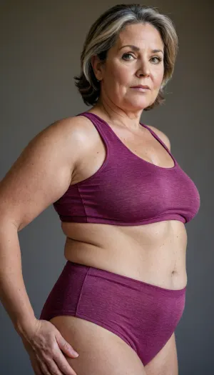 a chubby 50yo mature woman with stretch marks in a high-waisted sport outfit, looking at the camera, 45° sideview, 20 feet away, <lora:stretch_marks:1>