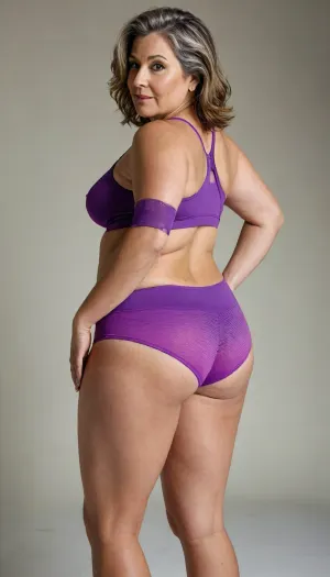 a chubby 50yo mature woman with stretch marks in a high-waisted sport outfit, boyshorts, looking at the camera, 45° sideview from behind, full waistline, full figured, large butt, <lora:stretch_marks:1>