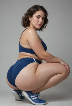a chubby 50yo mature woman with stretch marks in a high-waisted sport outfit, looking at the camera, 45° sideview, full waistline, full figured, large butt, squatting