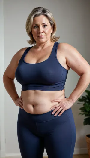 a chubby 50yo mature woman with stretch marks in a high-waisted sport outfit, looking at the camera, full waist, full figured, large breast, saggy", sagging