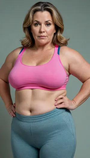 a chubby 50yo mature woman with stretch marks in a high-waisted sport outfit, looking at the camera, full waist, full figured, large breast, saggy", sagging, bulging, pubic mound