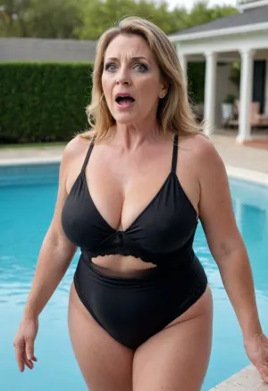 (mature:1.5), (open mouth), cumshot, chubby Obese milf, 45 years old married housewife wearing a black outfit, ((grapping her body)), looking at viewer, (captivating grey eyes:1.3), poolside