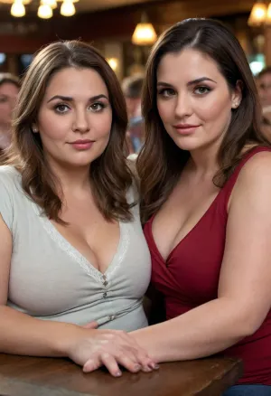 2girls, Two milfs, two moms, two old fat BBW woman, realistic image, (russian), (armenian), long hair, sexy, both wearing low-cut casual clothes, (fully clothed), brunette, fat, round face, (detailed face and eyes:1.2), (sitting next to each other), crowded bar scene, ((They look at the viewer with desire)), mature, female, motherly, milf