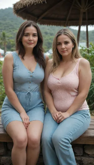 2girls, Two milfs, two moms, two old fat BBW woman, realistic image, (brunette), (blonde), long hair, sexy, both wearing low-cut casual clothes, (fully clothed), fat, round face, (detailed face and eyes:1.2), (sitting next to each other), vacation resort scene, ((They look at the viewer with desire)), mature, female, motherly, milf