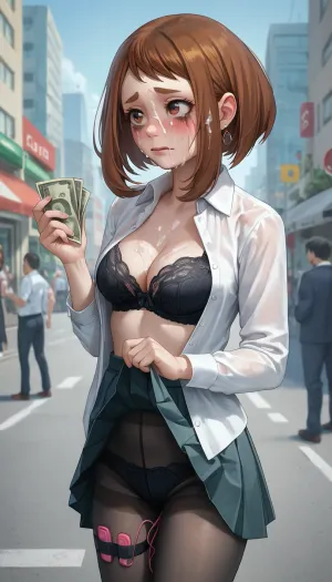 Standing, holding money, runny mascara, cum on face, ochako uraraka, vibrator attached to leg, white collared shirt, pleated skirt, open shirt, skirt lift, black bra, black pantyhose, outdoor, city ​​square, a look away, embarrassed