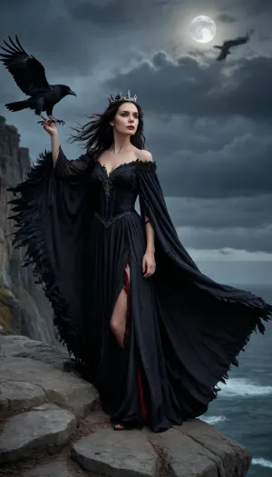 Cinematic gothic fantasy scene of the Raven Queen. Full body shot of a beautiful pale woman standing on a stormy cliff. She wears a flowing black velvet gown and a crown of raven feathers. Her dark hair blows in the wind, eyes steel gray, surrounded by a swirling storm of ravens and feathers. The moon glows red behind her, her cloak unfolds into wings. Epic, dark, elegant atmosphere of power, night, and mystery.