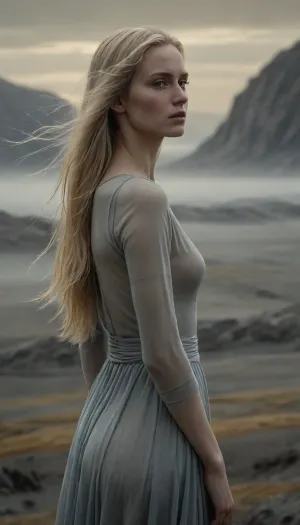 a slender woman shown from the waist up, long pale-blonde hair catching soft gold and silver light, wearing a flowing light garment, standing in a misty gray-blue and ochre landscape, calm introspective expression, cinematic photorealism inspired by the tone of Santiago Caruso, masterpiece, best quality, highly detailed, sharp focus