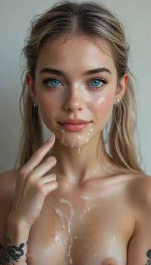 (Realism, photorealism, ultra realistic, 8k, UHD, high quality, cinematic), 18 yo girl, blonde hair, pigtails haircut, small tits, small body, (realistic girl), nude body, smile, big finger up, hand pose big finger up, like, cumshot scene, facial, all face covered white cum, excessive cum on face, excessive cum on hair, cum on, prominent cum, a lot off cum, realistic cum, cum flows, dripping cum, massive cum on face, bukkake, anime beauty girl, portrait of a girl, (((charcoal sketch))), (((charcoal drawing))), (((very petite girl))), (((turns to viewer))), (((oiled skin))), ((light blue eyes)), (((skinny))), (((18 years old tattoo))), (very girl:1), (makeup:1.3), beautiful, gorgeous, stunning, ((tattoo on cheek)), (((naked))), SDXL_BetterFaces-LoRA_v1, .5>, (music_), <lora:Oxygen girl_SDXL1.0:1>, <lora:MJ52:.7>, <lora:BUT_SDXL_SHS:.1>, <lora:Style_eyes _and_hair_XL-v2:.8>