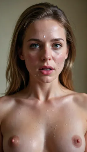 A famous American actress, naked, with her face covered in sperm.