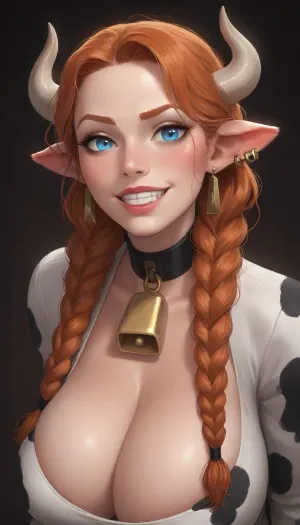 score_9, score_8_up, score_7_up, 1girl, (incase, incase style:.8), (mischievous esthetic:1.2), (milf, cow girl, choker with cowbell, long intricate braids, ginger hair), (huge soft beasts, massive cleavage), (soft playful grin, flirty expression, naughty tease), (large expressive eyes), (character portrait, concept art:1.2), <lora:princess_xl_v2:.8>