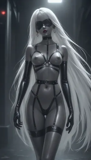 cyberpunk background, slave, (charcoal-black skin:1.5), very dark lipstick, red lipstick, white hair, (extremely long hair:1.3), super long hair, straight hair, straight bangs, tall, (super slim waist:1.3), thin body, slim body, (thin legs:1.2), dark grey areolas, small areolas, big ass, frail body, emaciated, black blindfold, oiled up, naked, black choker, harness, garter, straps, cupless bra, long black gloves, walking, <lora:Harness_Straps_sdxl:1.8>