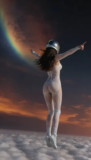 zero gravity, open space cloud, (pastel style painting), Portrait of flying, (soaring, gliding, hovering, floating, drifting, winging, fluttering, ascending, taking off, cruising), a robot half naked in pressure suit, (helmet, glows, spacesuit, protective suit), classic robot 18yo, wather maelstroom. dramatic clouds raibow, full lunar eclipse, sunrise., look from behind, black nice extra long hair, tits, (naked extra small, extra big nipless), all body, one hand up. lace filigree of bright, rich color. Super clear, things, furniture, builfings