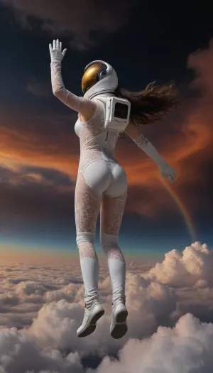 zero gravity, open space cloud, (pastel style painting), Portrait of flying, (soaring, gliding, hovering, floating, drifting, winging, fluttering, ascending, taking off, cruising), a robot half naked in pressure suit, (helmet, glows, spacesuit, protective suit), classic robot 18yo, wather maelstroom. dramatic clouds raibow, full lunar eclipse, sunrise., look from behind, black nice extra long hair, tits, (naked extra small, extra big nipless), all body, one hand up. lace filigree of bright, rich color. Super clear, things, furniture, builfings