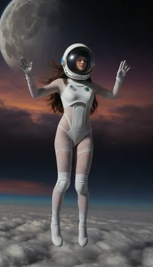 zero gravity, full moon, galaxy, open space cloud, (pastel style painting), Portrait of flying, (soaring, gliding, hovering, floating, drifting, winging, fluttering, ascending, taking off, cruising, legs open, arms open, mind open), a robot half naked in pressure suit, (helmet, glows, spacesuit, protective suit), classic robot 18yo, wather maelstroom. dramatic clouds raibow, full lunar eclipse, sunrise., look from behind, black nice extra long hair, tits, (naked extra small, extra big nipless), all body, one hand up. lace filigree of bright, rich color. Super clear, things, furniture, builfings