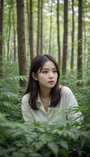 manhwa beauty, huwai, forest, blur, many green plants, leaves, <lora:20231122-1700582714007-0001:.5>, <lora:255596_training_data:.8>