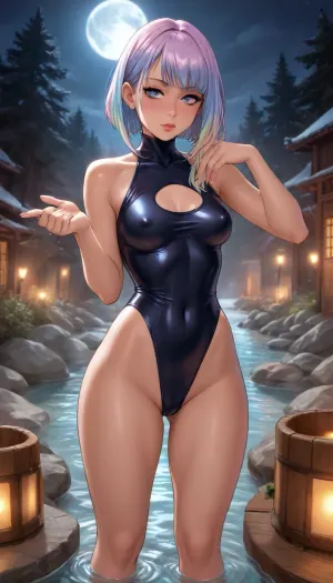 (reiq style), lucy from cyberpunk edgerunners full original skin, small breasts, nude breasts, massive ass, thick thighs, massive natural breasts, nipple outline, oiled, wet skin, perfect figure, (hyper wide hips:1.2), curvy, snatched waist, underboob, (wet vary tight see throw Cyber leotard:1.6), seductive pose, long, booty, Melkor Mancin artstyle, (dark moon lite snow-flakes star nighttime forest background:1.6), (standing in hot-spring doing seductive pose:1.8), perfect fingers, style anime, oda, non, pov, Solo, alone, 1girl, full body view, front view, <lora:outline_xl_kohaku_delta_spv5x:.9>, <lora:Ppolar-P3v1-NbVp10:.9>, <lora:one breast out XL:.9>