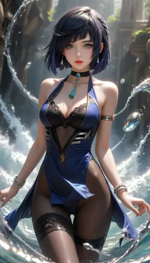 ultra-detailed, (best quality), ((masterpiece)), (highres), original, extremely, yelan, Genshin Impact, 1girl, solo, slender, lips parted, dark sleeveless lace bodysuit, blue qipao-style overcoat, silver details, cleavage, high-cut bodysuit, crotch exposed, cameltoe, green eyes, blue hair, choker, short hair, bangs, diagonal bangs, black choker, bare shoulders, bob cut, white bracelets, thigh gap, action shot, wind in hair, wind in clothes, ((big water swirl around girl:1.1), (big magical water flows:1)), fantasy, magical powers, magical, magic, spell, orbs, element, water, swirls, air, wind, <lora:yelan2_xl:1>, <lora:xl0918ice-water:.8>, <lora:SDXL high detailed. LoRA_SDXL_ARW_0010:.8>