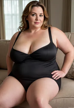 (mature, milf, obese:1.5), photorealistic image of Lu, a fictional 55-year-old mature MILF with a short, bottom-heavy pear-shaped BBW figure. She has wide hips, thick thighs, a cinched waist, and a full, softly contoured bust shaped by age and gravity. Her skin is smooth with subtle signs of middle-aged maturity—gentle creases around her expressive amber eyes and a natural softness to her cheeks. Her face is chubby and oval-shaped, with full, voluptuous lips and bold, expressive eyebrows. Lu’s hair is light brown with subtle caramel highlights and soft gray strands that add character and depth. She reclines comfortably on a plush couch in a cozy, warmly lit living room. She wears a black modal lounge dress with a scoop neckline that gently reveals her décolleté, styled to drape naturally over her curvaceous frame. Her posture is relaxed—one leg bent, the other extended—with her arm resting on a cushion. The lighting is soft and flattering, casting warm shadows across the scene. Lu gazes directly at the viewer with a confident, emotionally authentic expression that reflects her quiet seduction, vulnerability, and mature allure. Her wedding ring glints subtly on her left hand, adding personal nuance to the moment.