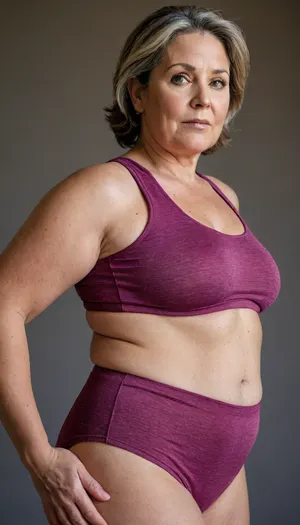 a chubby 50yo mature woman with stretch marks in a high-waisted sport outfit, looking at the camera, 45° sideview, 20 feet away, <lora:stretch_marks:1>