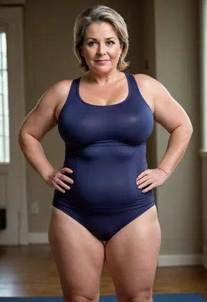 a chubby 50yo mature woman with stretch marks in a high-waisted sport outfit, looking at the camera, full waist, full figured, large breasts