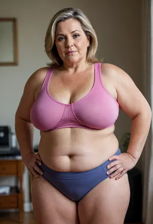 a chubby 50yo mature woman with stretch marks in a high-waisted sport outfit, looking at the camera, full waist, full figured, large breast, saggy