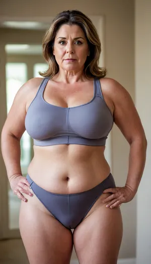 a chubby 50yo mature woman with stretch marks in a high-waisted sport outfit, looking at the camera, full waist, full figured, large breast, saggy