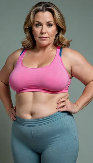 a chubby 50yo mature woman with stretch marks in a high-waisted sport outfit, looking at the camera, full waist, full figured, large breast, saggy", sagging, bulging, pubic mound