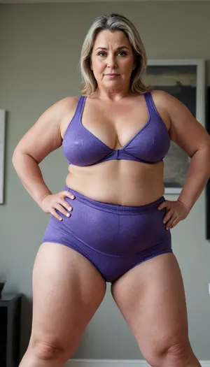 a chubby 50yo mature woman with stretch marks in a high-waisted sport outfit, looking at the camera, full waist, full figured, large breast, saggy", sagging, bulging pubic mound