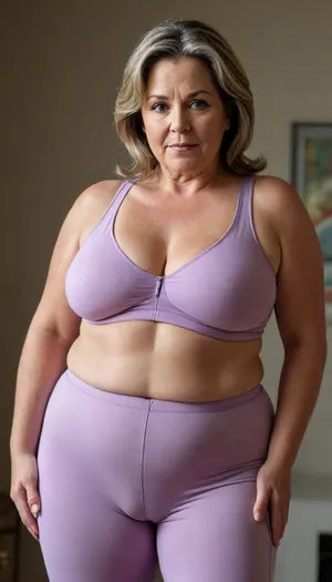 a chubby 50yo mature woman with stretch marks in a high-waisted sport outfit, looking at the camera, full waist, full figured, large breast, saggy, sagging, bulging pubic mound