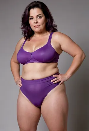 a chubby 50yo mature woman with stretch marks in a purple high-waisted sport outfit, looking at the camera, full waist, full figured, saggy, sagging, bulging pubic mound, fuller pelvis, pubic mound, wide hips
