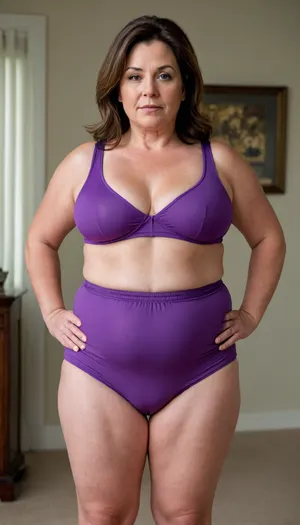 a chubby beautiful 50yo mature woman with stretch marks in a purple high-waisted sport outfit, looking at the camera, full waist, full figured, saggy, sagging, chest", bulging pubic mound, fuller pelvis, pubic mound, wide, huge, hips