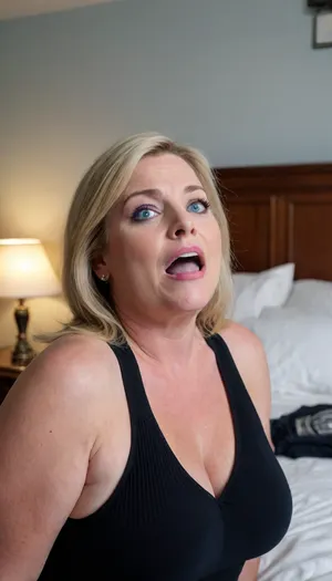 Lubica stepaunt, (mature:1.5), POV, (open mouth), chubby Obese milf, 45 years old married housewife wearing a black outfit, ((man grapping her head)), looking at viewer, (captivating blue eyes:1.3), cozy bedroom