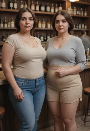 2girls, Two milfs, two moms, two old fat BBW woman, realistic image, (russian:.7), (armenian:.5), sexy, both wearing low-cut casual clothes, (fully clothed), brunette, fat, round face, (detailed face and eyes:1.2), (standing next to each other), crowded bar scene, ((They look at the viewer with desire)), mature, female, motherly, milf