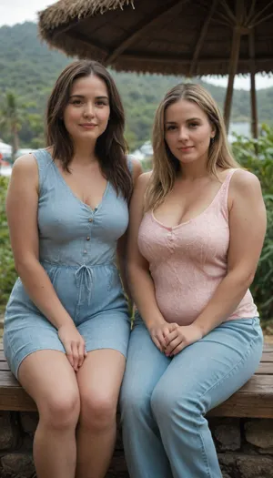 2girls, Two milfs, two moms, two old fat BBW woman, realistic image, (brunette), (blonde), long hair, sexy, both wearing low-cut casual clothes, (fully clothed), fat, round face, (detailed face and eyes:1.2), (sitting next to each other), vacation resort scene, ((They look at the viewer with desire)), mature, female, motherly, milf