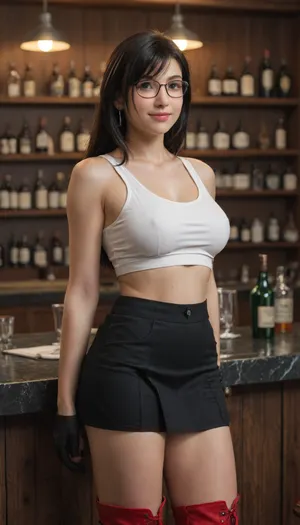 Tifa Lockhart at the bar counter in "The Seventh Heaven", relaxed posture, short dark hair, warm smile, white top, black skirt, black gloves without metal details, red boots, glasses and bottles on the counter, soft warm light from the lamps, cozy atmosphere, photorealism, 4K, detailed interior elements, muted colors