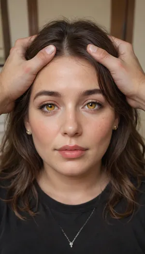 POV, chubby Obese milf, 55 years old married housewife wearing a black outfit, long hair, ((man grapping her head)), looking at viewer, (captivating amber eyes:1.3), cozy bedroom