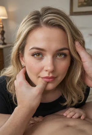 POV, chubby Obese milf, 55 years old married housewife wearing a black outfit, long blonde hair, ((man grapping her head)), looking at viewer, (captivating amber eyes:1.3), cozy bedroom