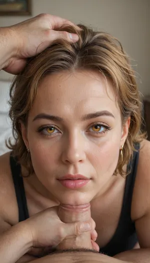 (mature.5), POV, chubby Obese milf, 55 years old married housewife wearing a black outfit, amber hair, ((man grapping her head)), looking at viewer, (captivating amber eyes:1.3), cozy bedroom, <lora:rknArouseXL:.8>