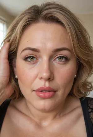 (mature:1.5), POV, open mouth, chubby Obese milf, 55 years old married housewife wearing a black outfit, amber hair, ((man grapping her head)), looking at viewer, (captivating eyes:1.3), cozy bedroom